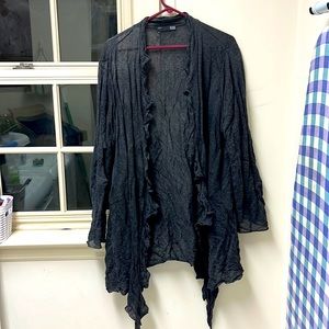 Eileen Fisher sweater/ wrap. Size 1X. Grey w ruffle. Lightweight and versatile!